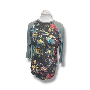 LulaRoe Unisex Randy Baseball Tee Ragland Athleisure Color-Block Grey Floral 6-8